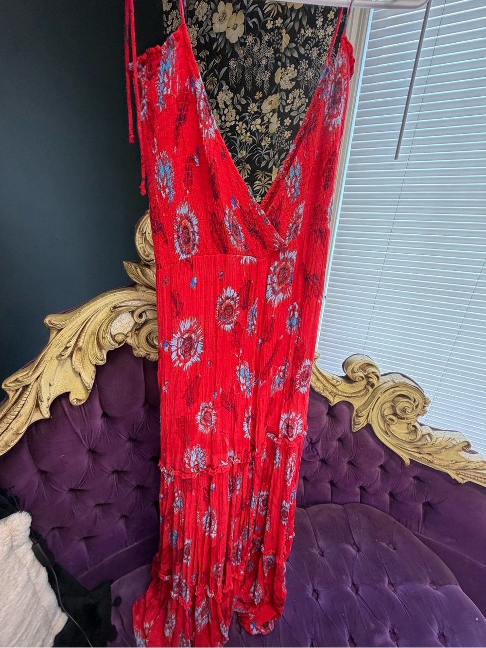 Free People Red Floral Smocked Tank with Blue Accents